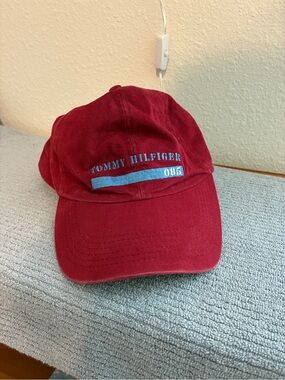 Vintage Tommy Hilfiger Red Cotton Baseball Cap with Blue Striped Sweatband